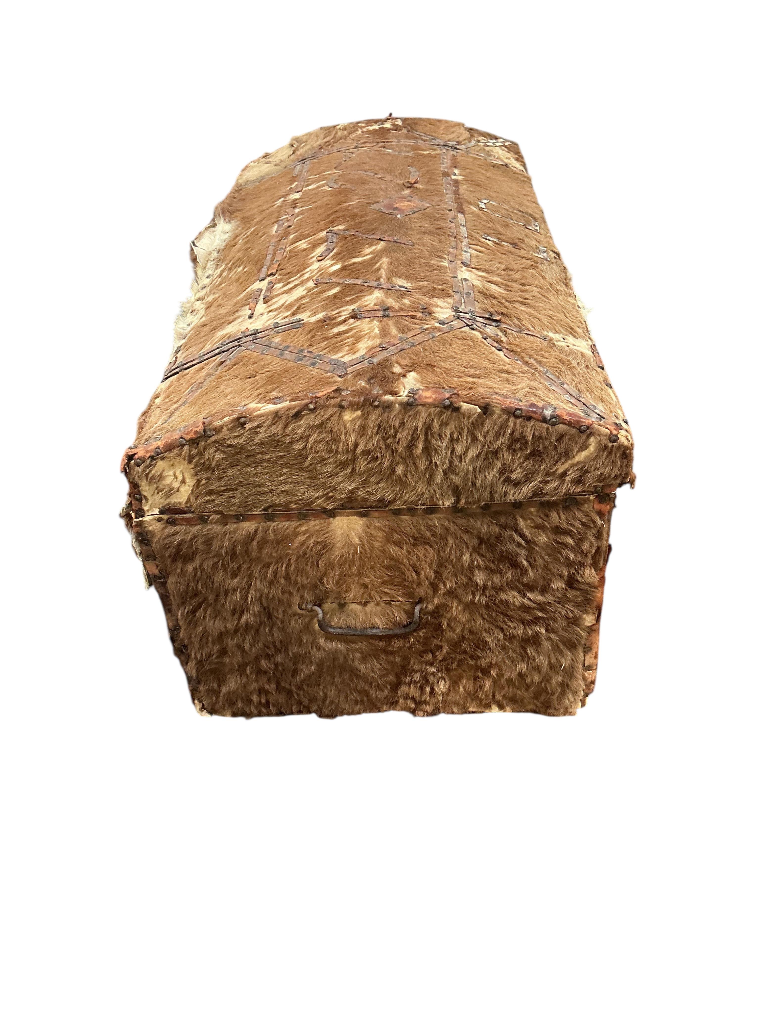 An 18th century domed pony skin trunk with stud work decoration, width 95cm, depth 50cm, height 47cm